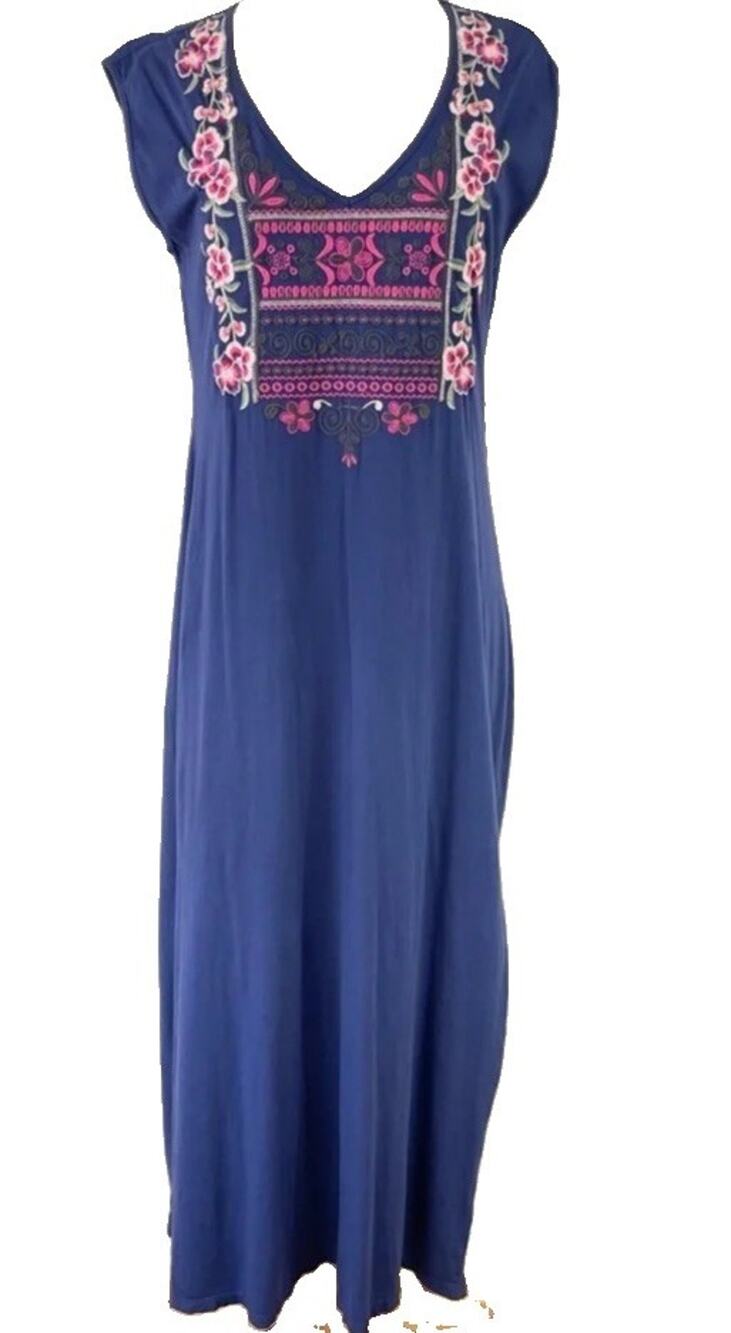 Johnny Was Gracey Maxi Dress Womens L Blue Stretch Cotton Butterfly Embroidered